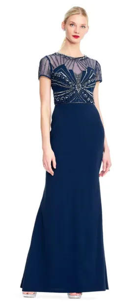 Adrianna Papell - Embellished Jewel Open Back Trumpet Gown AP1E203646 - 1 pc Deep Blue In Size 12 Available