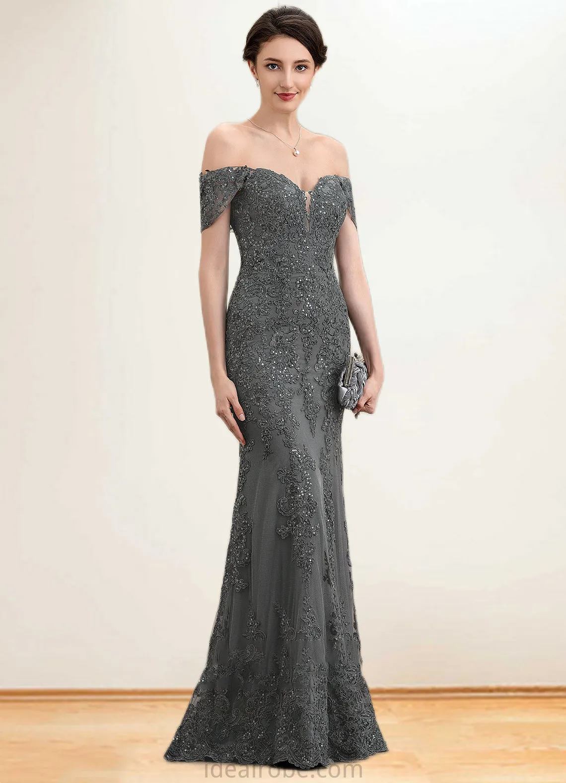 Aria Trumpet/Mermaid Off-the-Shoulder Floor-Length Tulle Lace Mother of the Bride Dress With Sequins STK126P0014731