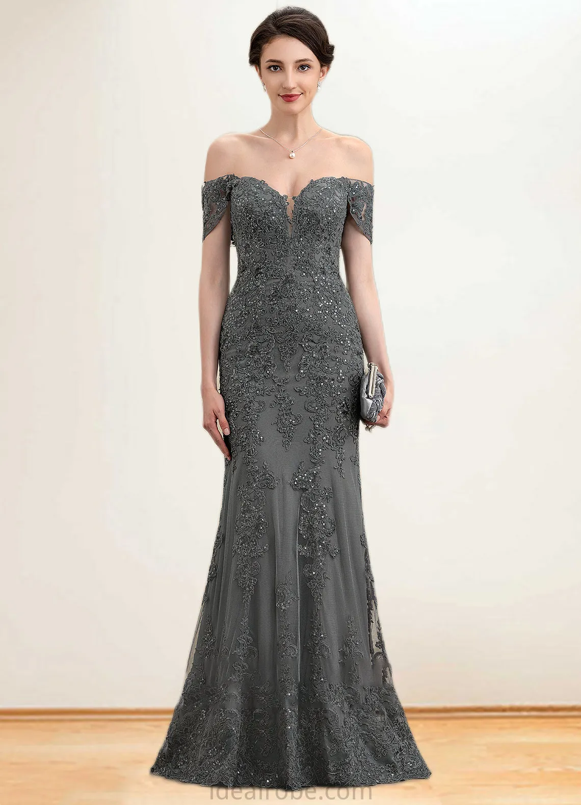 Aria Trumpet/Mermaid Off-the-Shoulder Floor-Length Tulle Lace Mother of the Bride Dress With Sequins STK126P0014731