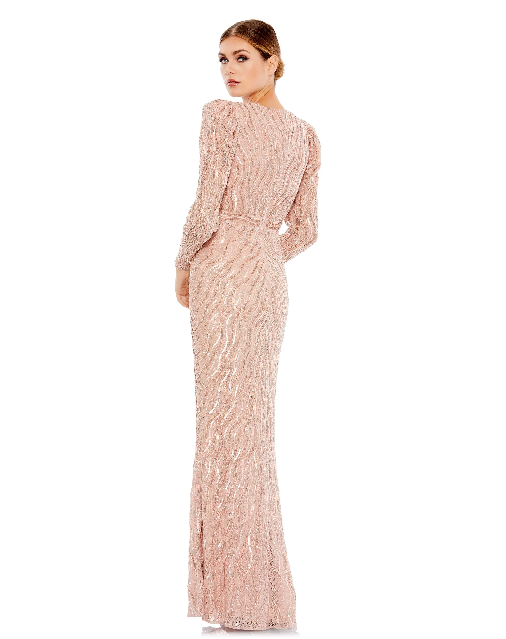 Beaded Puff Sleeve Trumpet Evening Gown