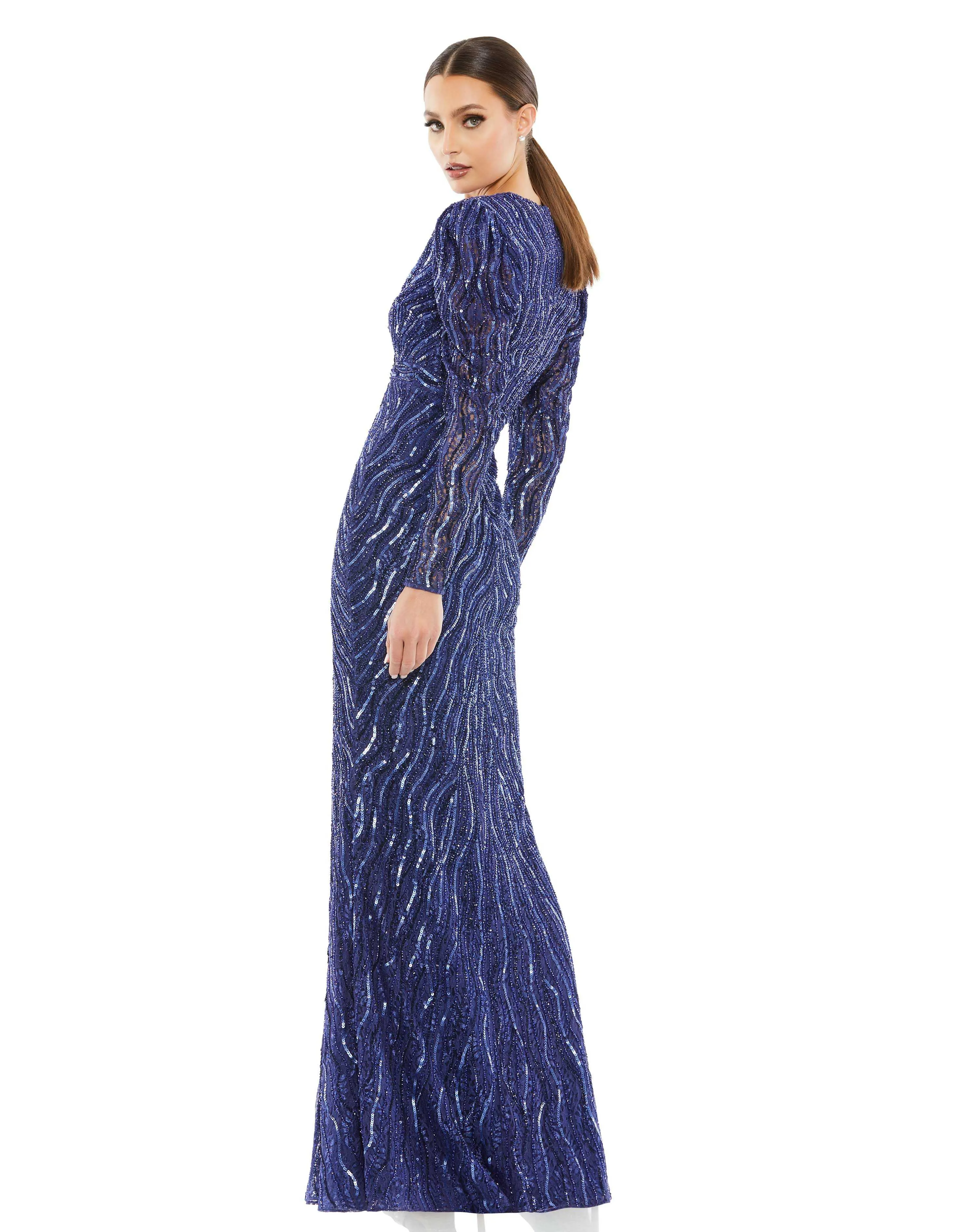 Beaded Puff Sleeve Trumpet Evening Gown