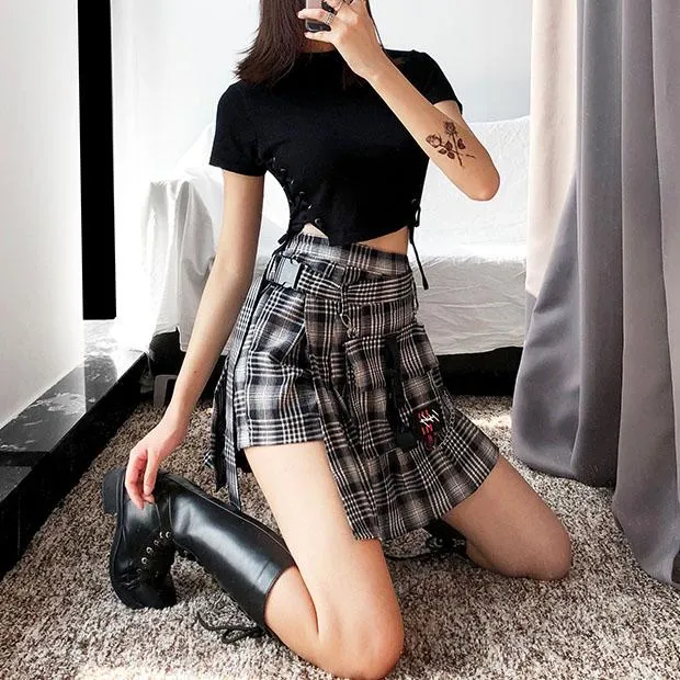 Black Grey Plaid Pleated Open Skirt SD00648