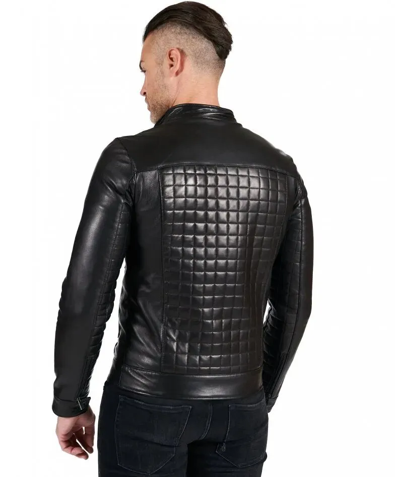 Black nappa lamb leather biker jacket checked quilted