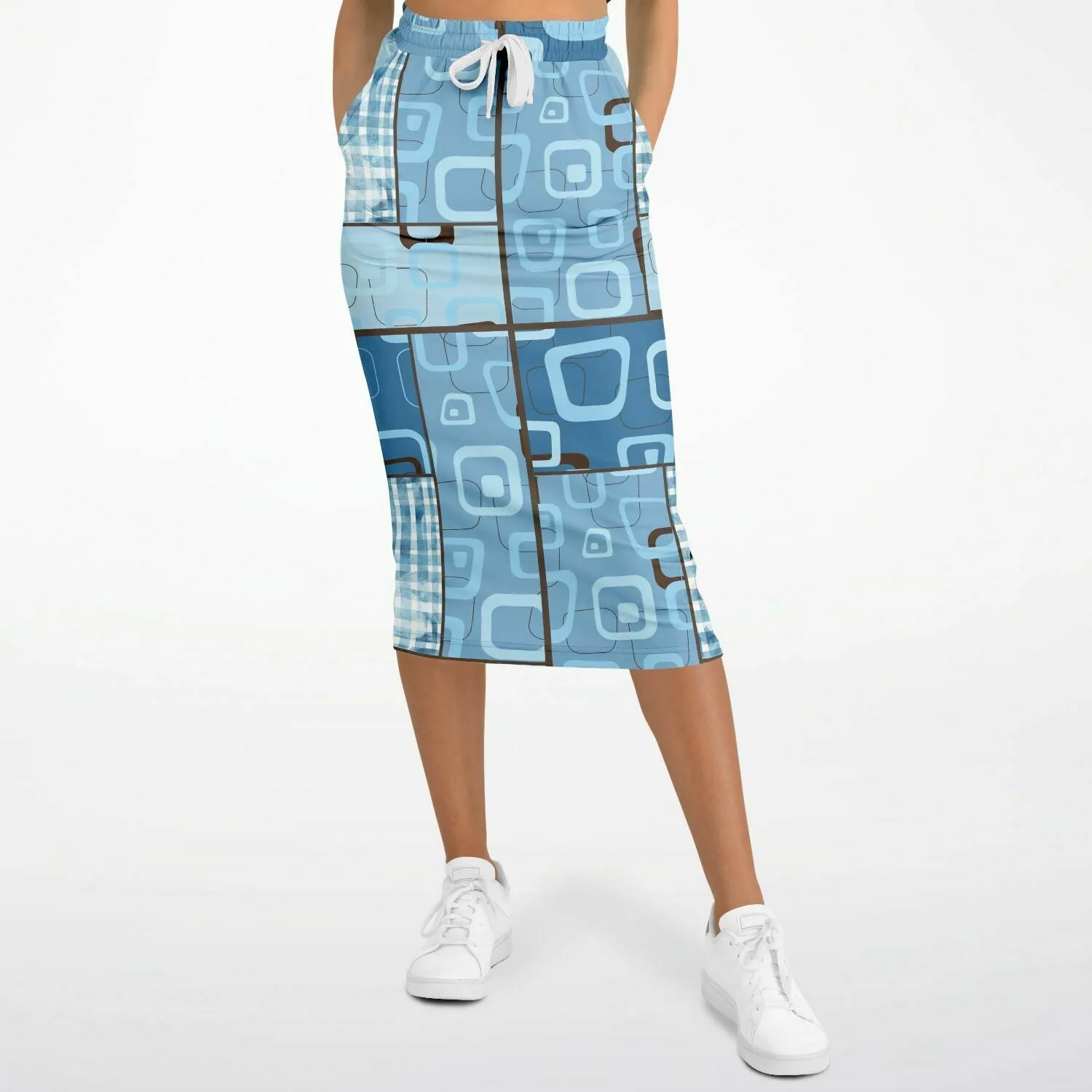 Blue Geo Patchwork Eco-Poly Long Pocket Skirt