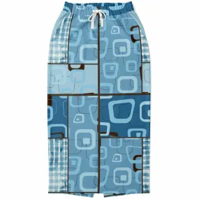 Blue Geo Patchwork Eco-Poly Long Pocket Skirt