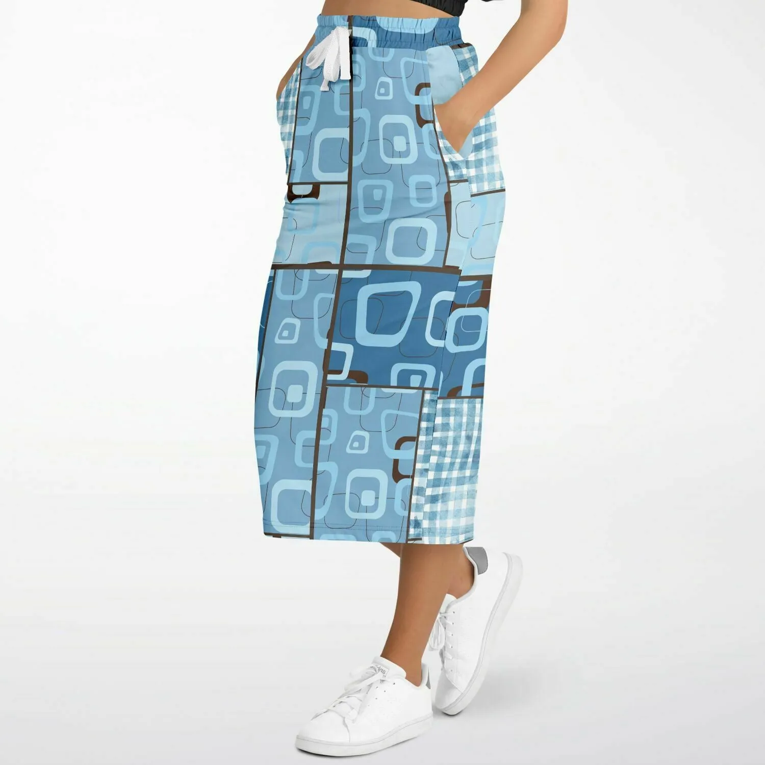 Blue Geo Patchwork Eco-Poly Long Pocket Skirt