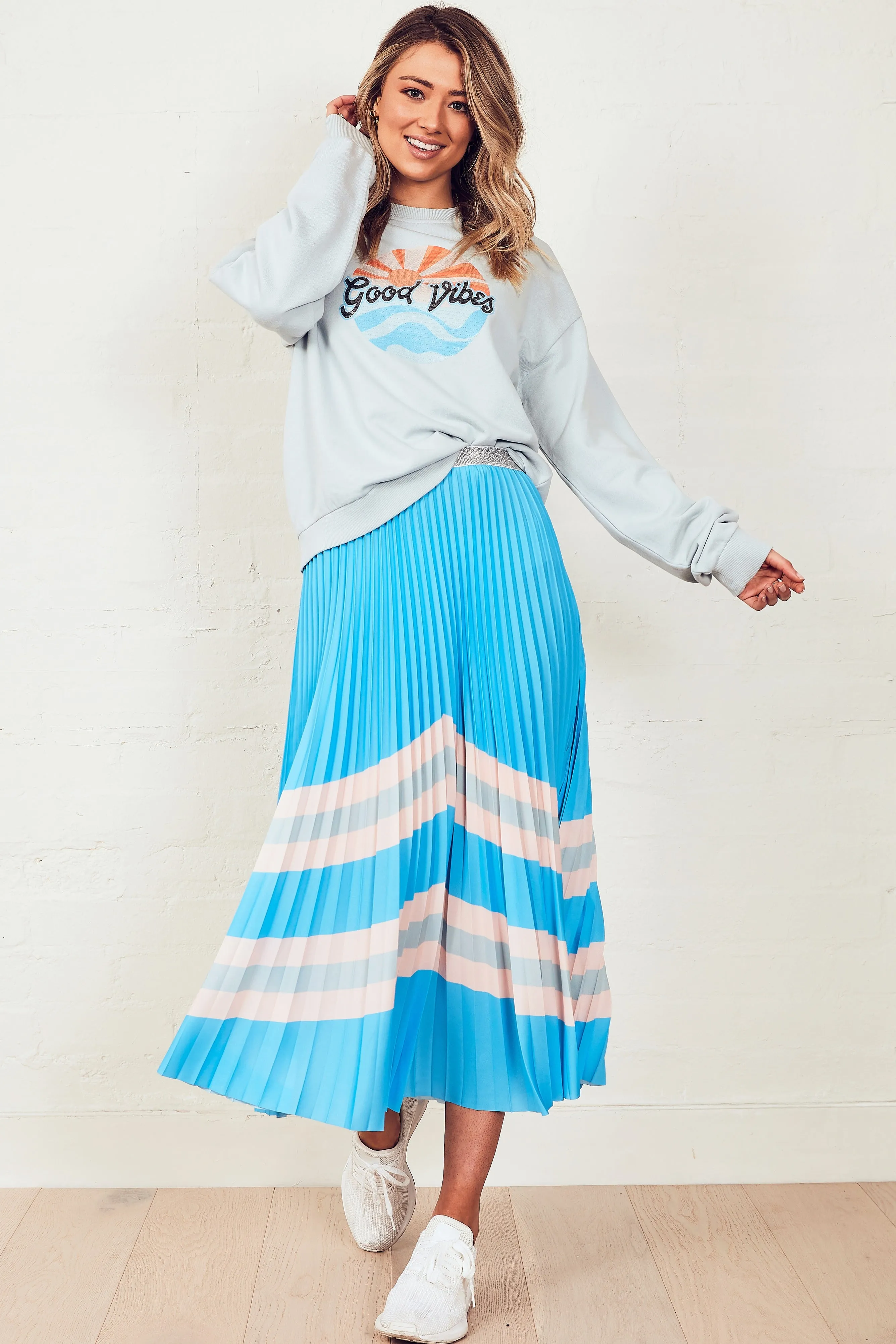 Blue Horizon Sunray Midi Pleated Skirt