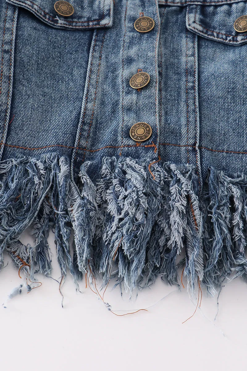 Blue tassel button down denim jacket