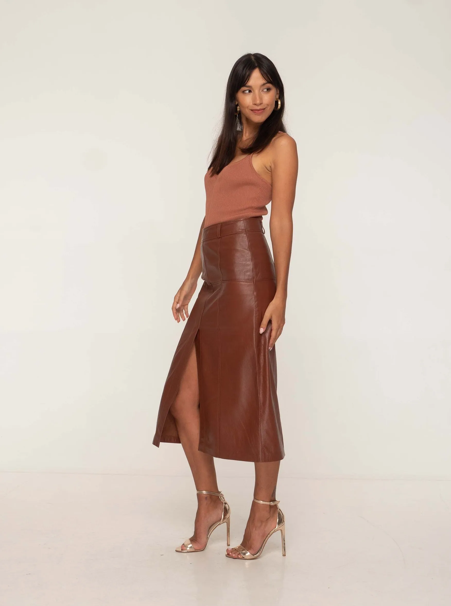 BRONTE LEATHER SKIRT - WHISKEY