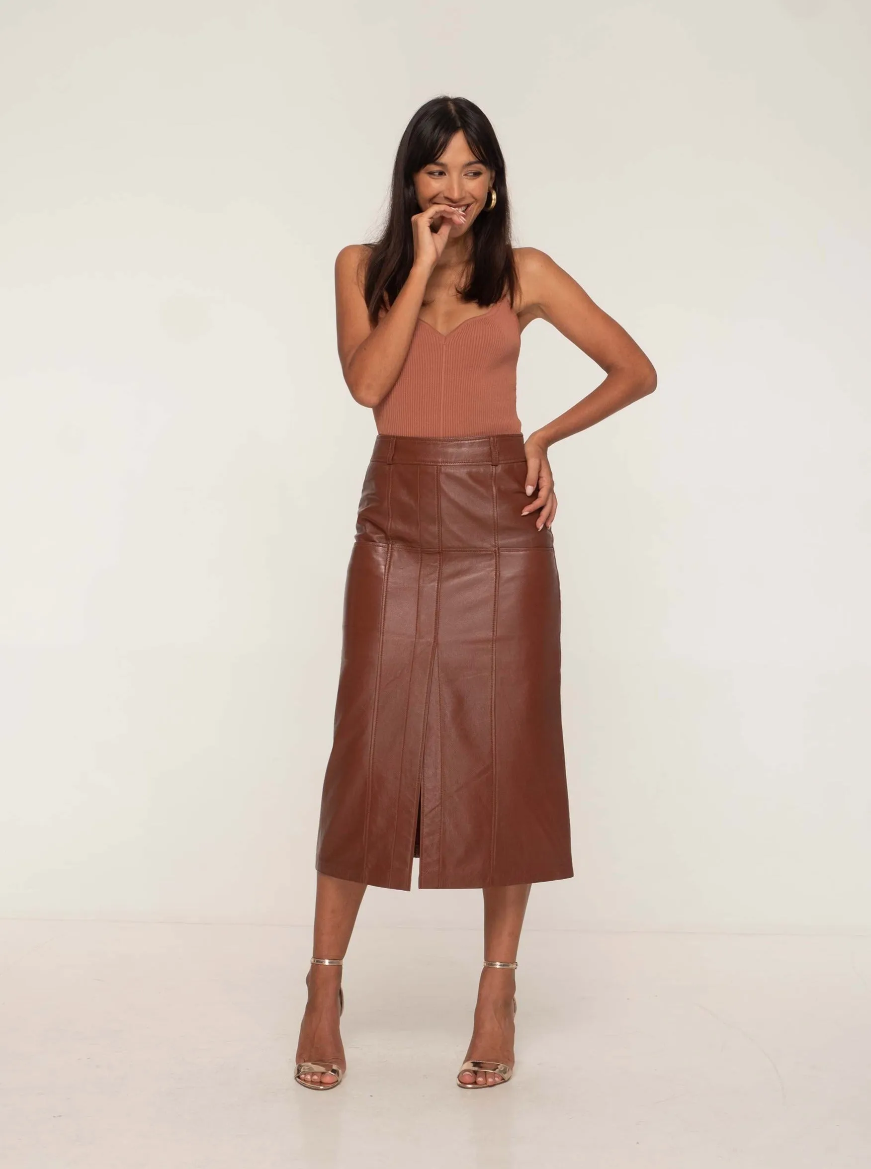 BRONTE LEATHER SKIRT - WHISKEY