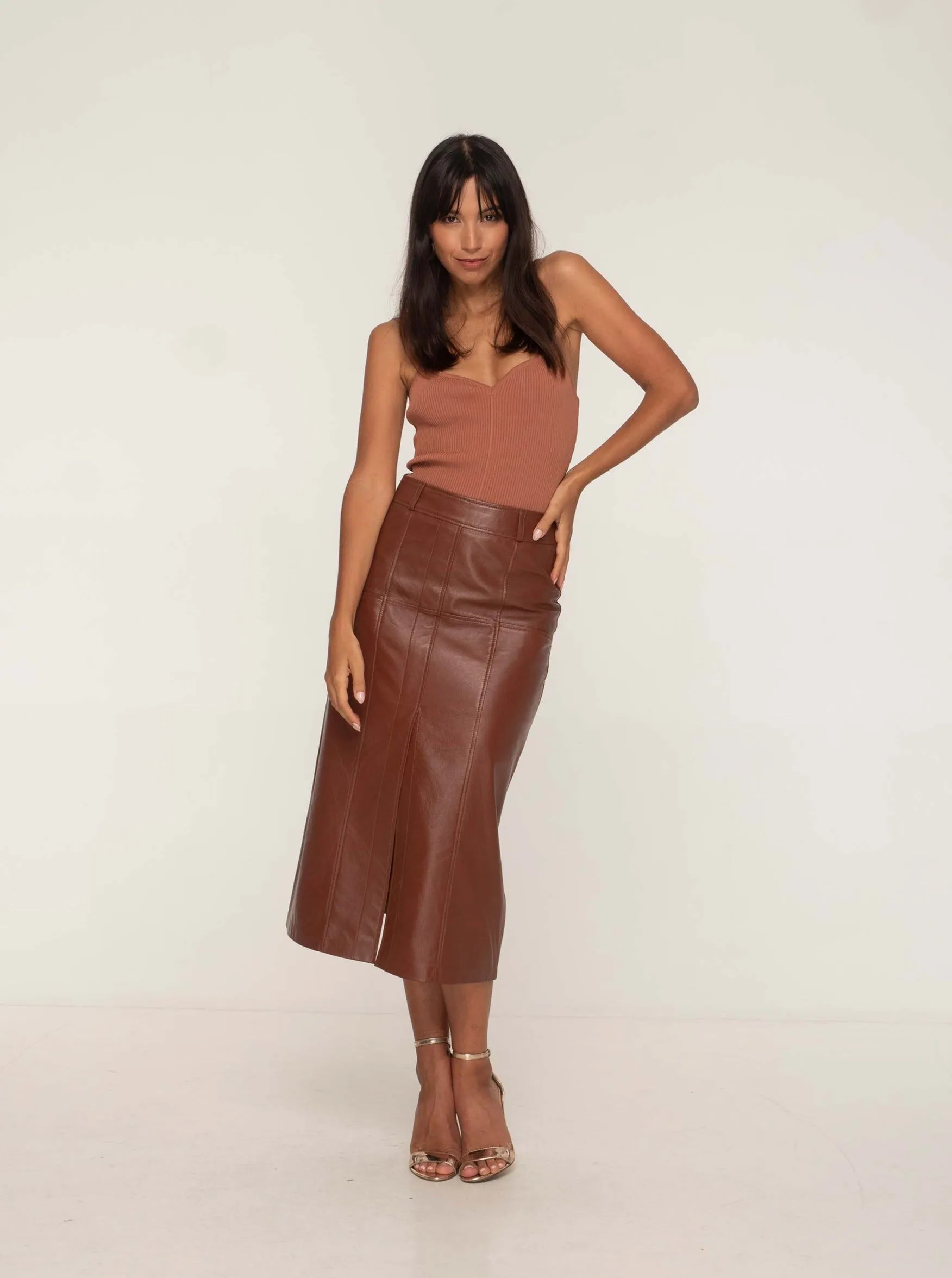 BRONTE LEATHER SKIRT - WHISKEY