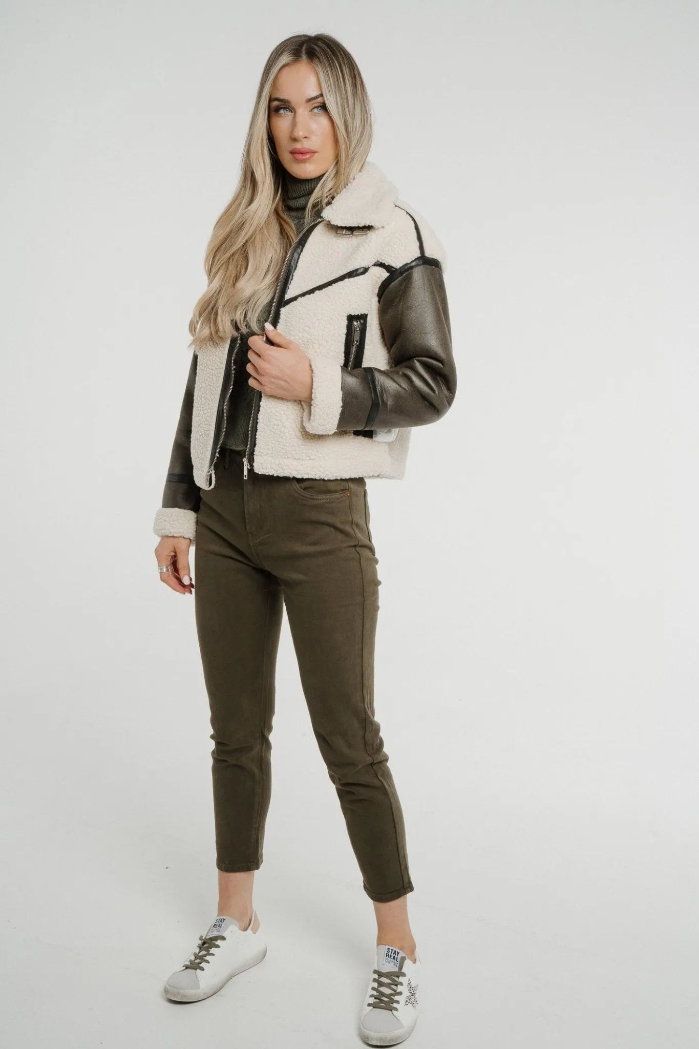 Caitlyn Shearling Faux Leather Jacket In Khaki