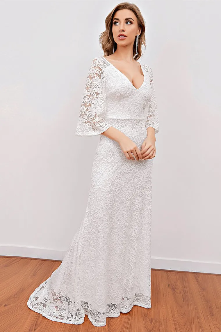 Charlize Trumpet/Mermaid V-Neck Lace Natural Waist 3/4 Length Sleeve Sweep-Brush Train Bridesmaid Dresses