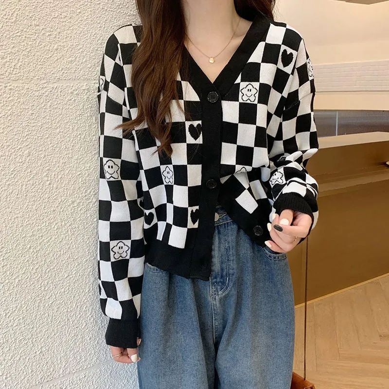 Checkered Button-Down Cardigan