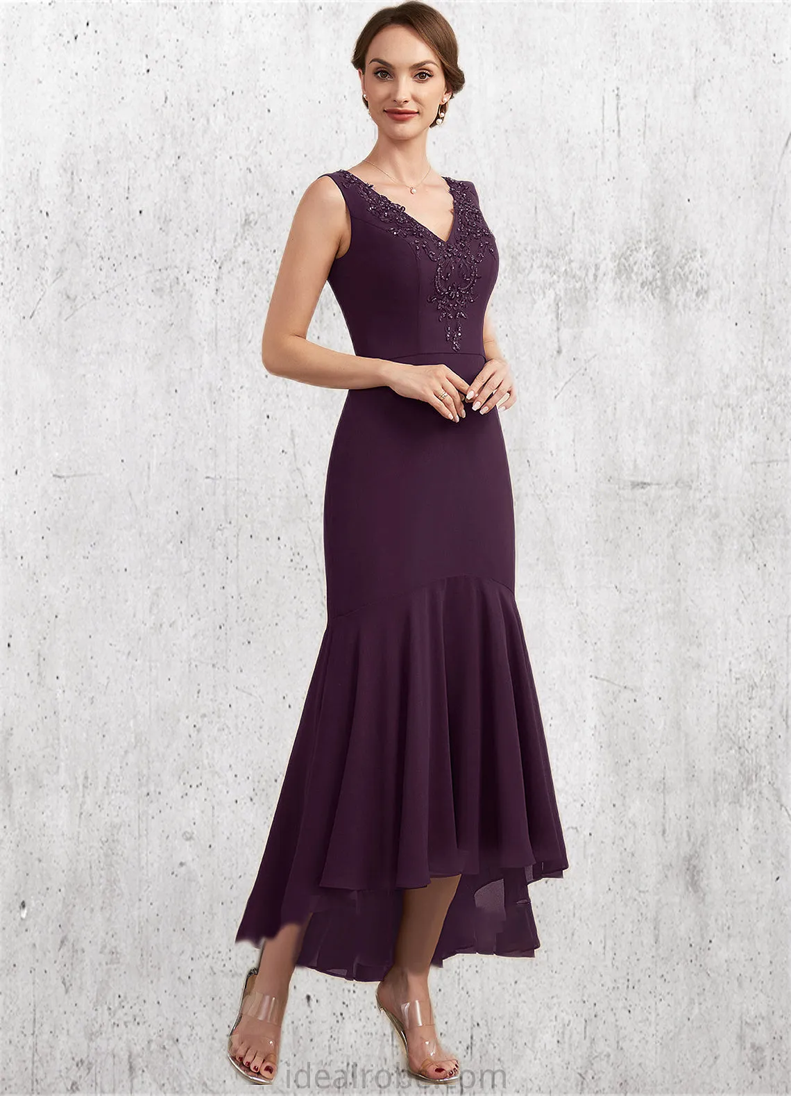 Eleanor Trumpet/Mermaid V-neck Asymmetrical Chiffon Mother of the Bride Dress With Lace Beading Sequins STK126P0014902