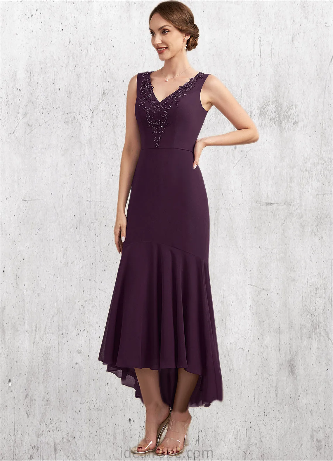 Eleanor Trumpet/Mermaid V-neck Asymmetrical Chiffon Mother of the Bride Dress With Lace Beading Sequins STK126P0014902