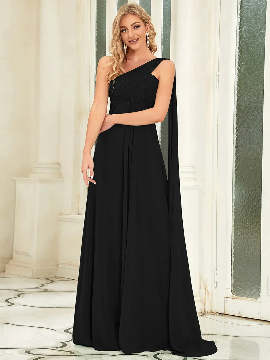 Elegant Pleated A-Line Floor Length One Shoulder Sleeveless Bridesmaids Dress