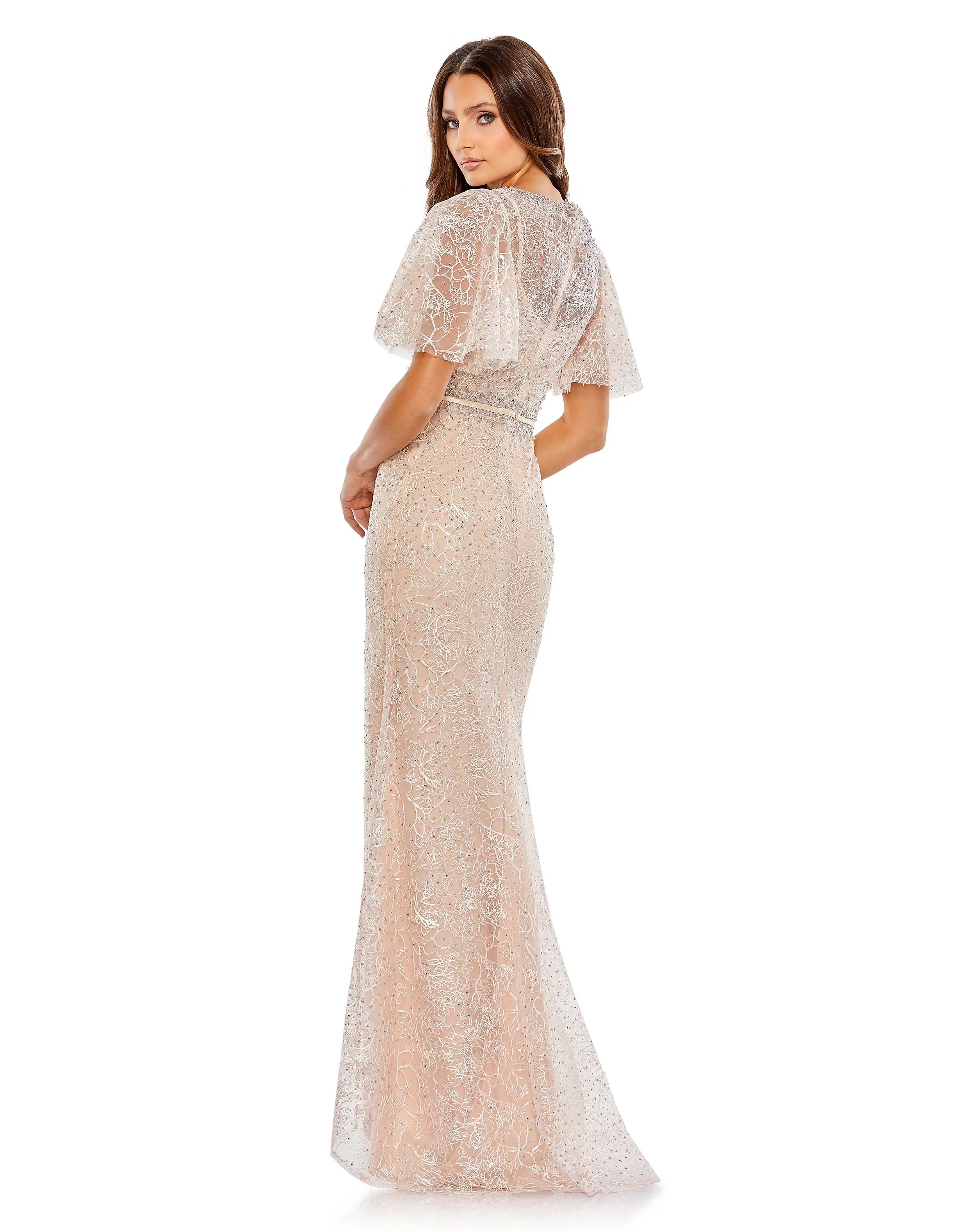 Embellished Neck Butterfly Sleeve Trumpet Gown