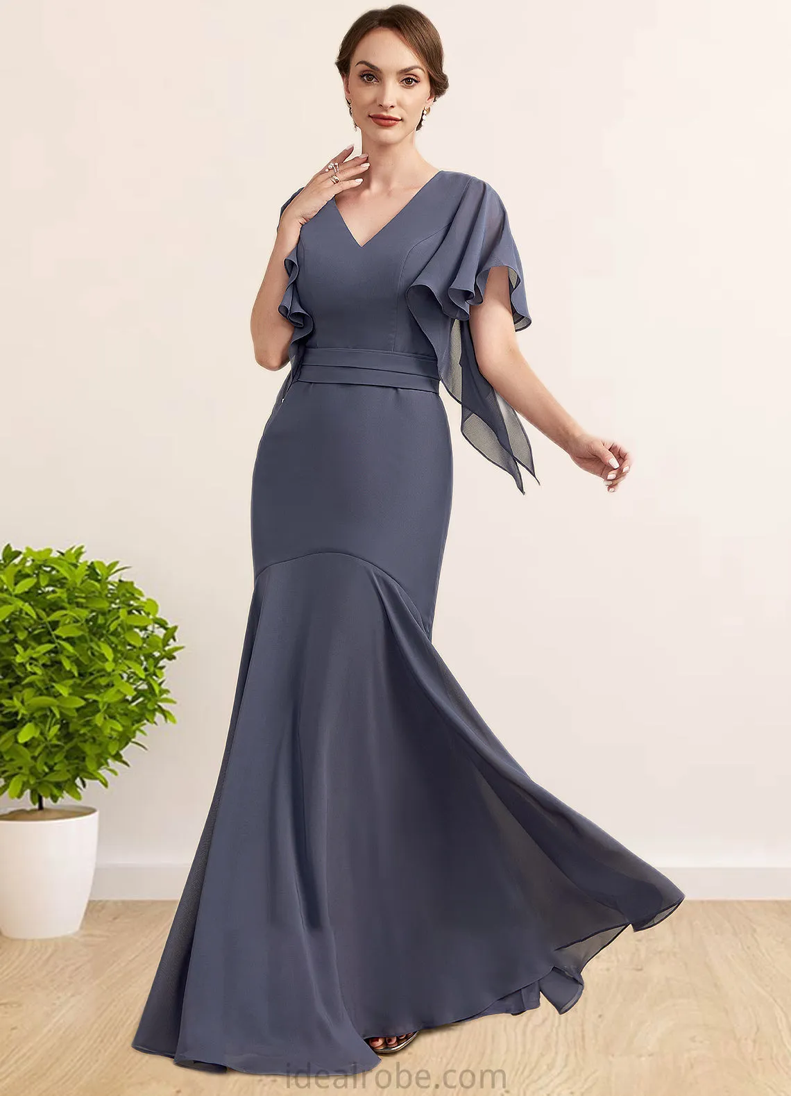 Emerson Trumpet/Mermaid V-neck Floor-Length Chiffon Mother of the Bride Dress STK126P0014951