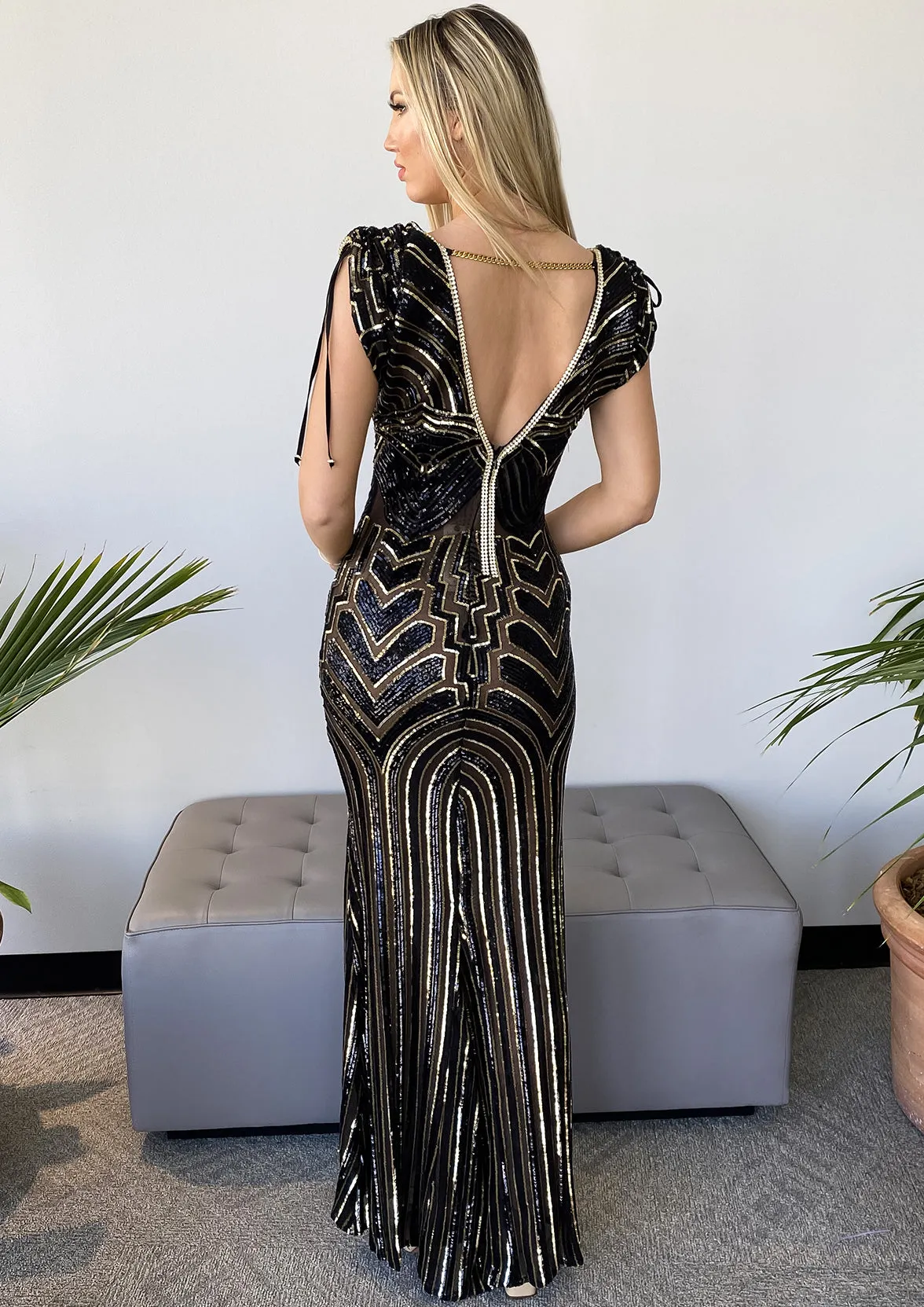 Fabiola Sequin Black Gold Lines - Long Dress