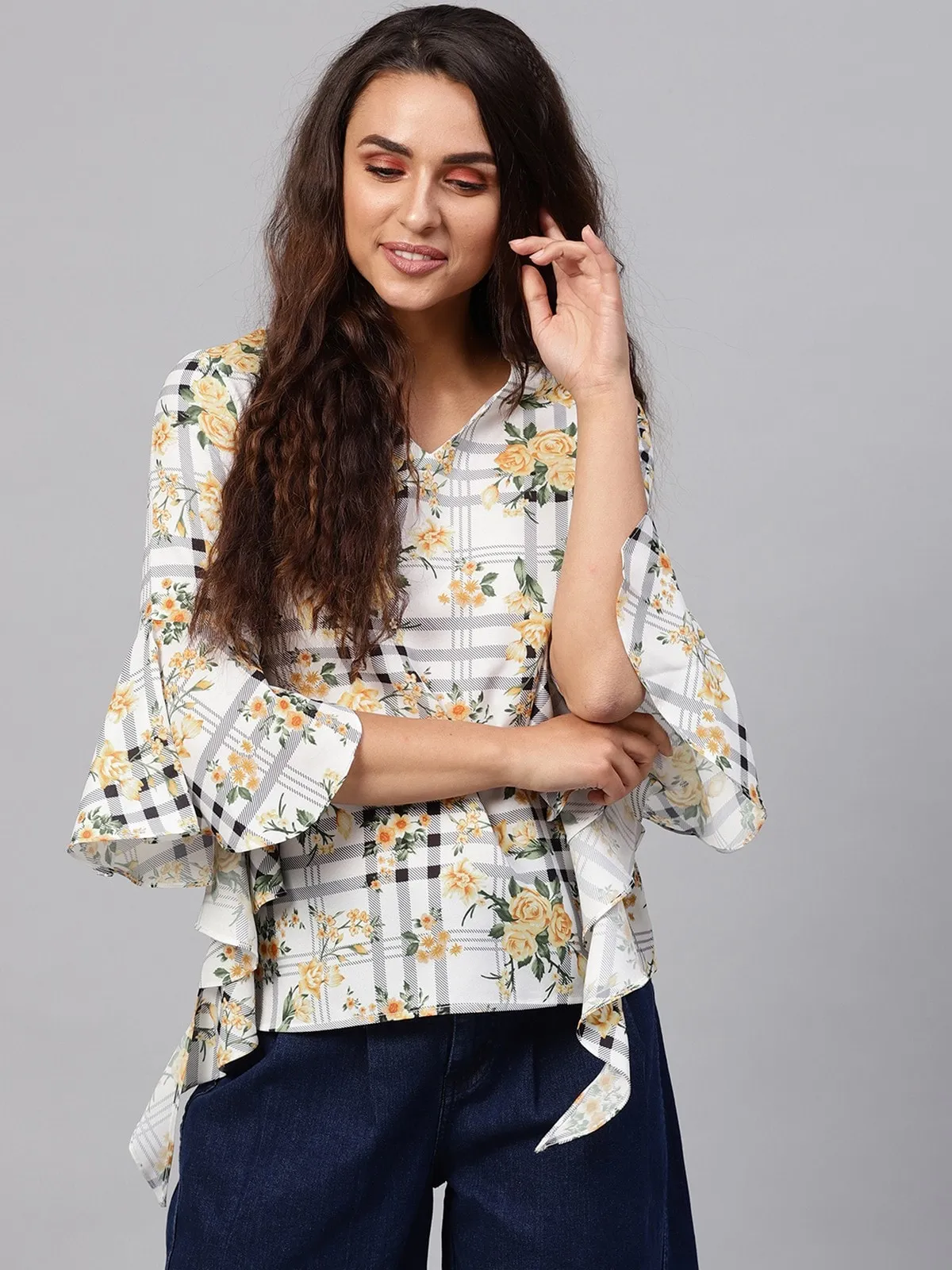 Floral Stripes Printed Flare Sleeves Top