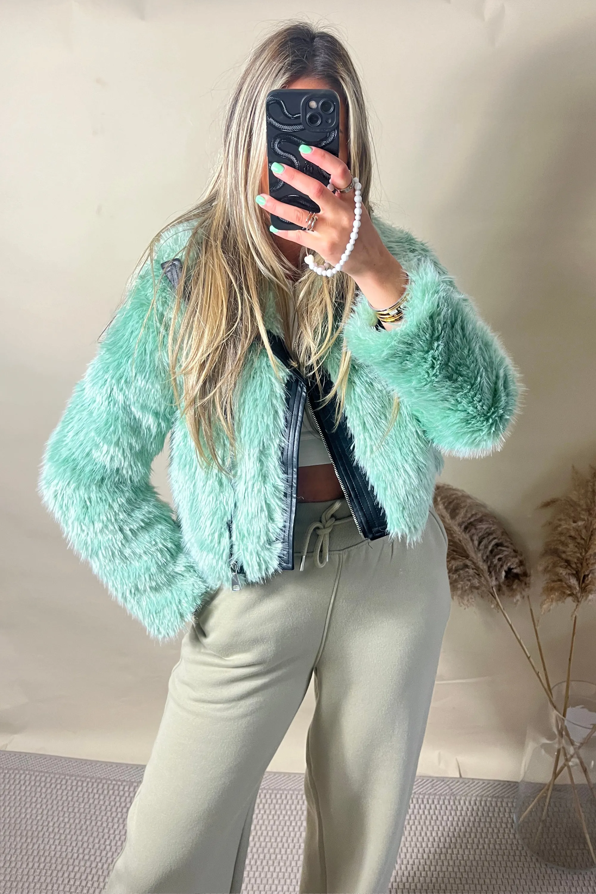 Green Shaggy Faux Fur Biker Jacket