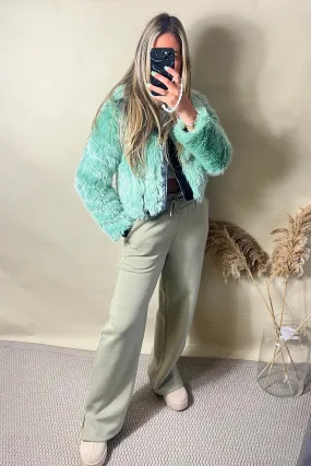 Green Shaggy Faux Fur Biker Jacket