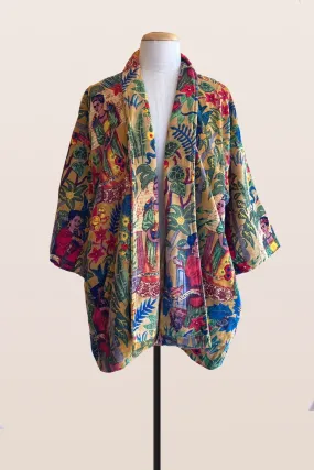 Hand Printed Floral Velvet Kimono - Yellow