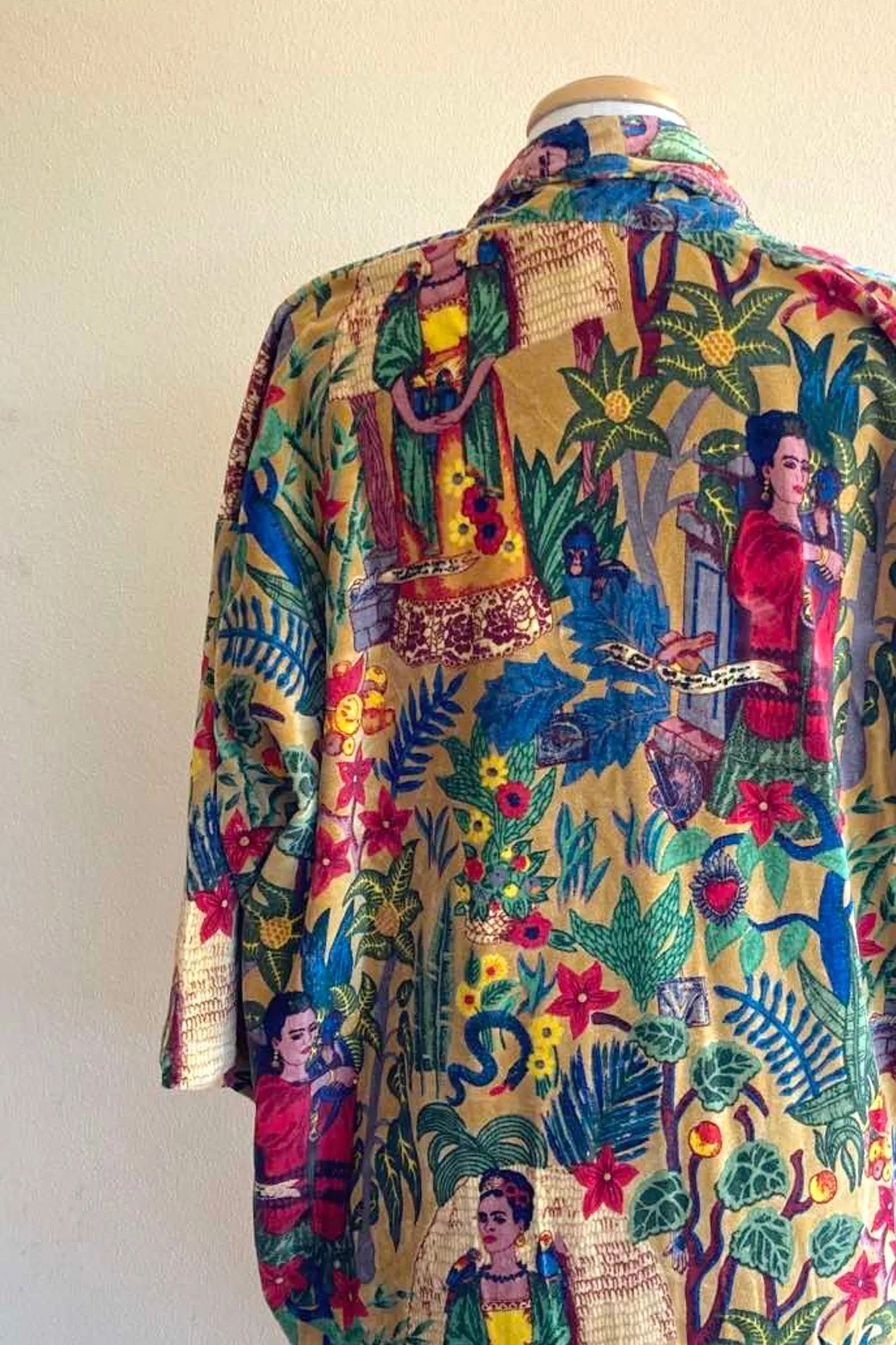 Hand Printed Floral Velvet Kimono - Yellow