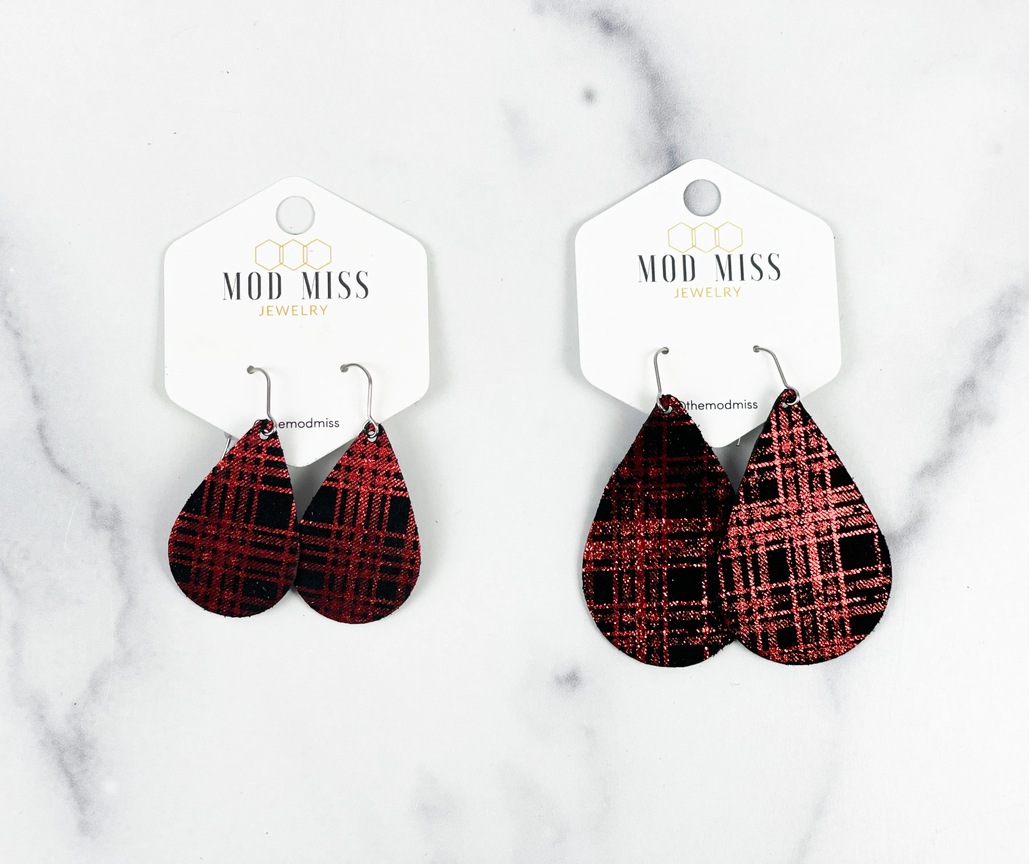 Leather Teardrop Earring Buffalo Plaid Red Shinny