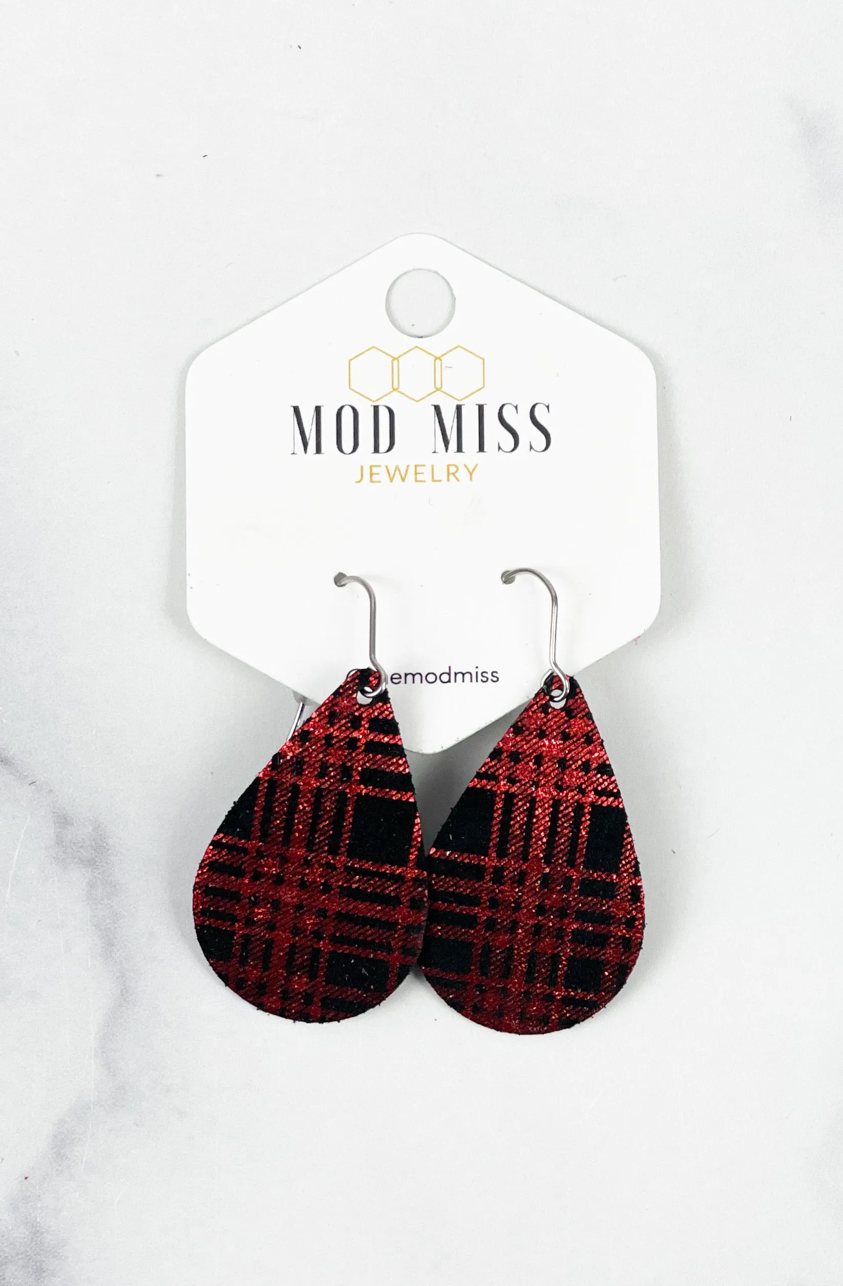 Leather Teardrop Earring Buffalo Plaid Red Shinny