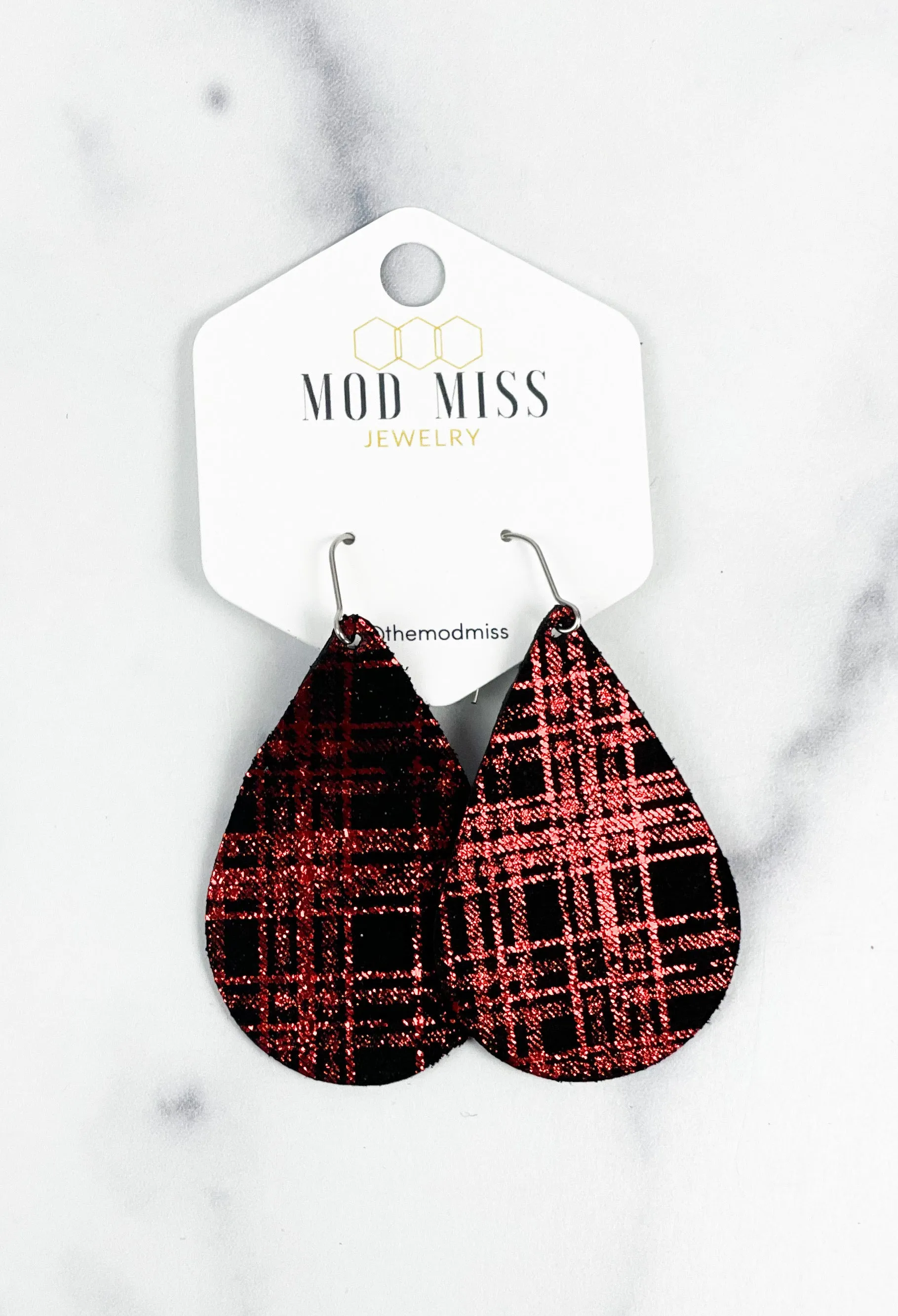 Leather Teardrop Earring Buffalo Plaid Red Shinny