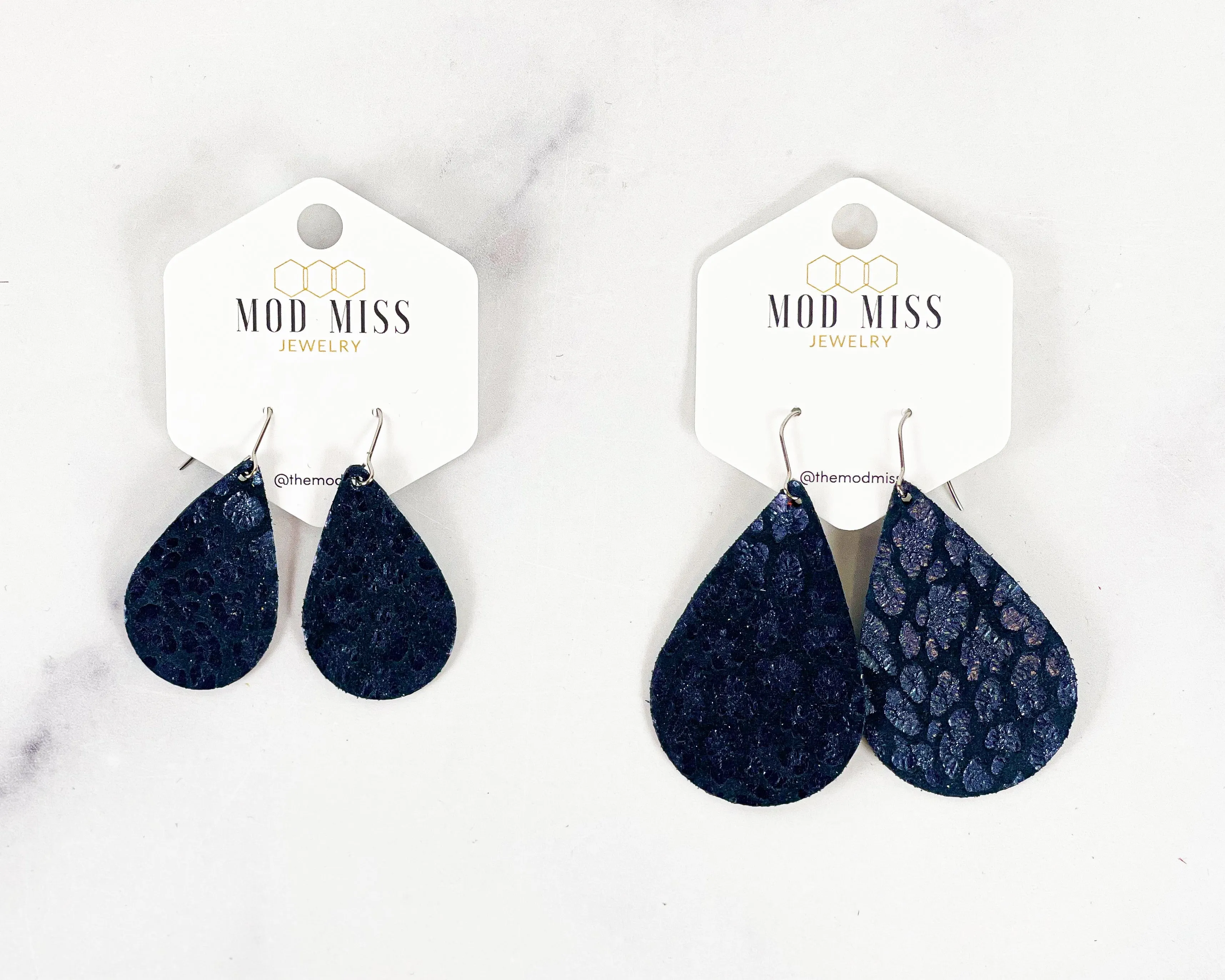 Leather Teardrop Earring Leopard Navy