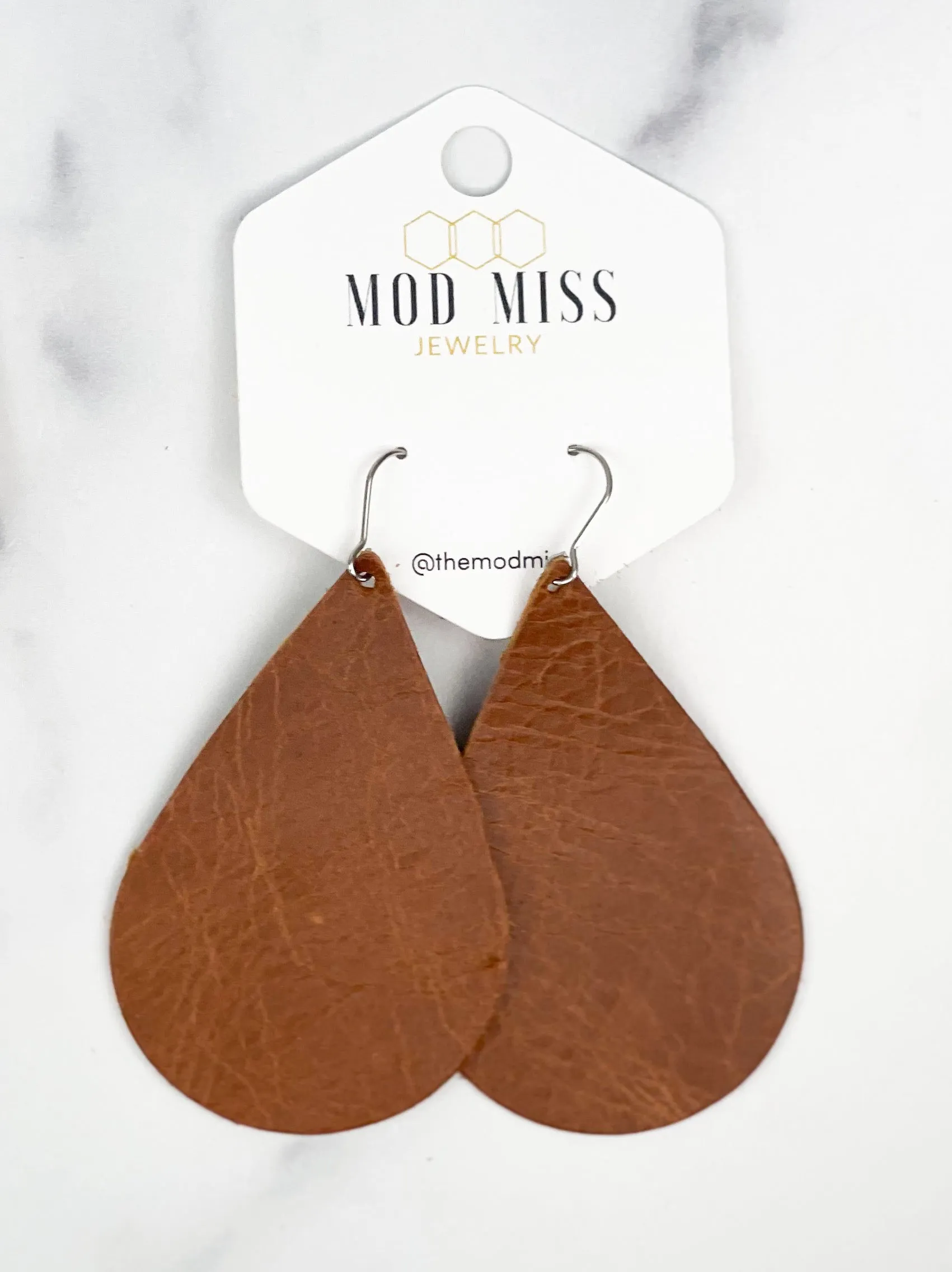 Leather Teardrop Earring Worn Brown