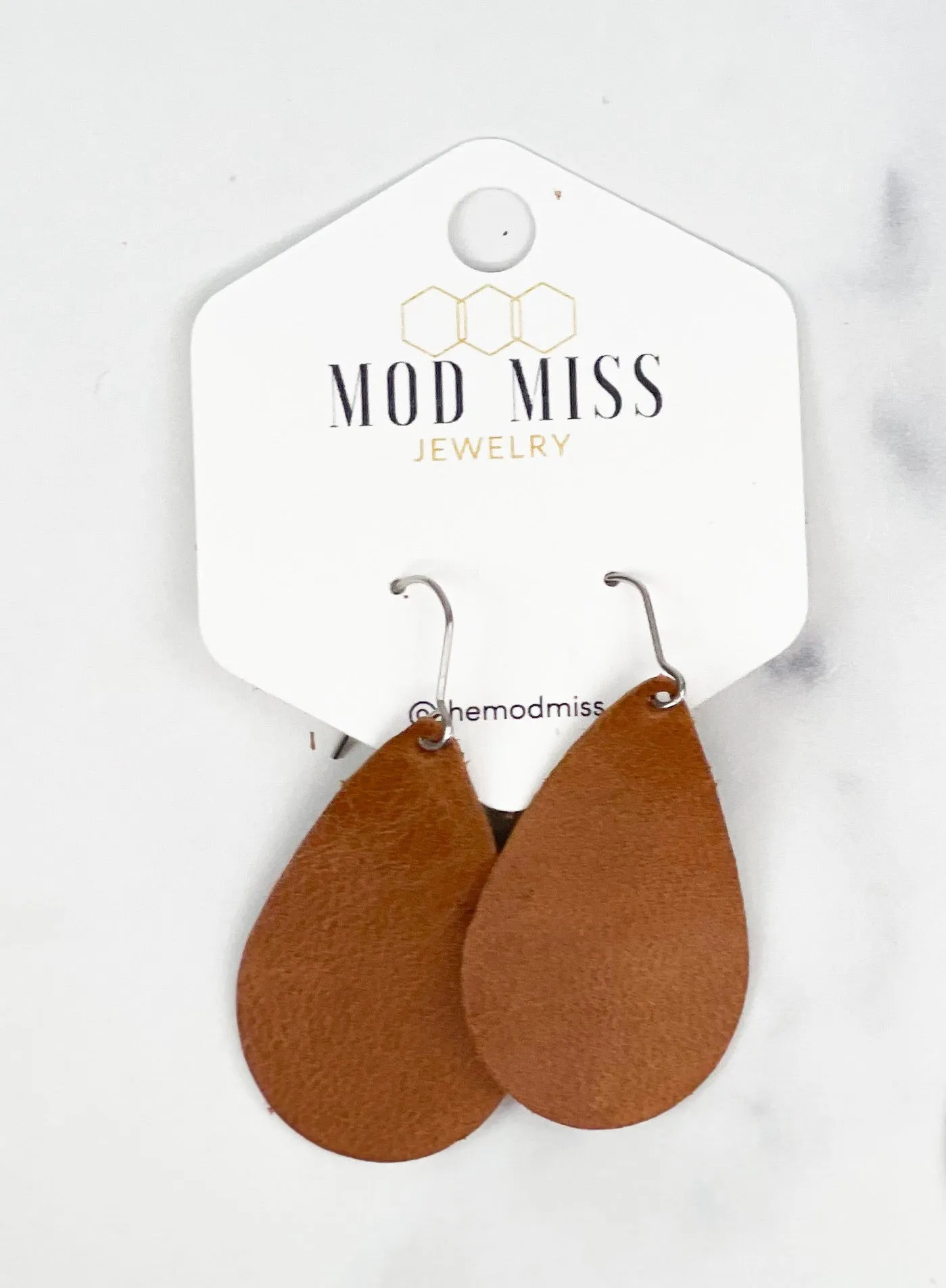 Leather Teardrop Earring Worn Brown