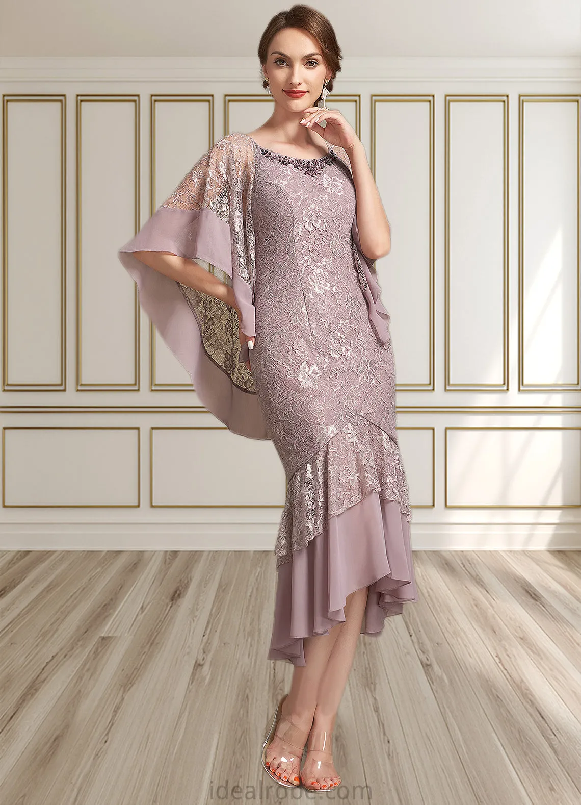 Lucia Trumpet/Mermaid Scoop Neck Asymmetrical Chiffon Lace Mother of the Bride Dress STK126P0014945