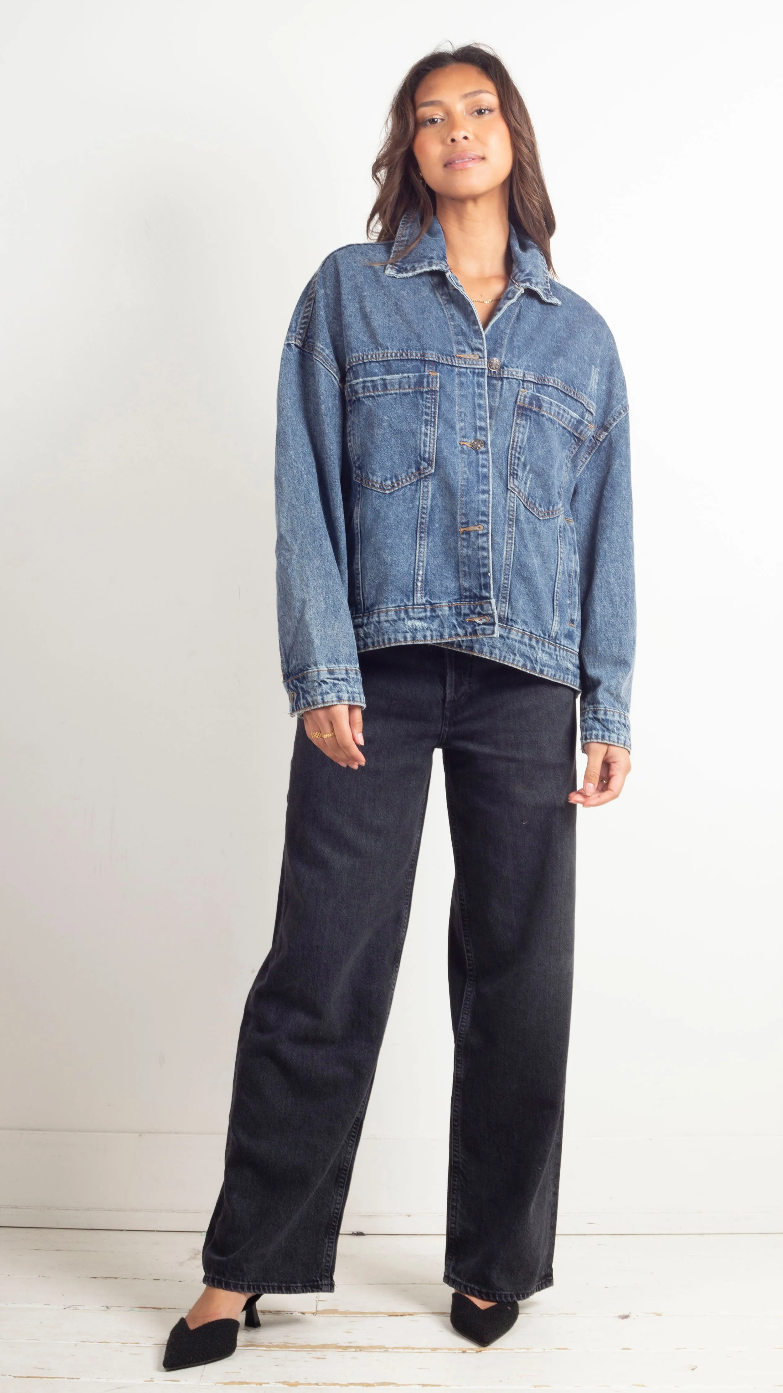 Meryl Pleated Denim Jacket - Washed Denim