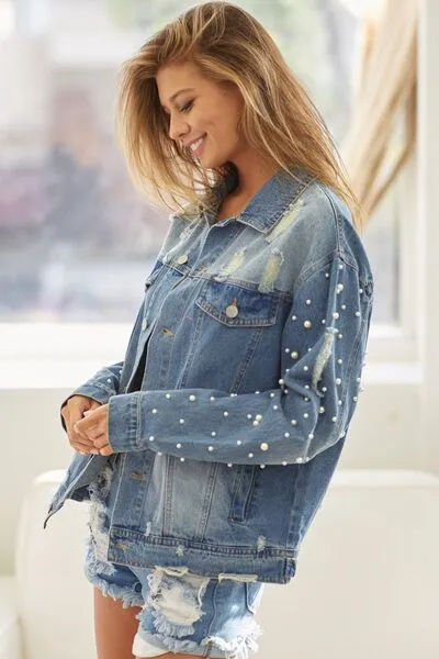 Pearl Detail Distressed Button Up Denim Jacket (Online Exclusive)