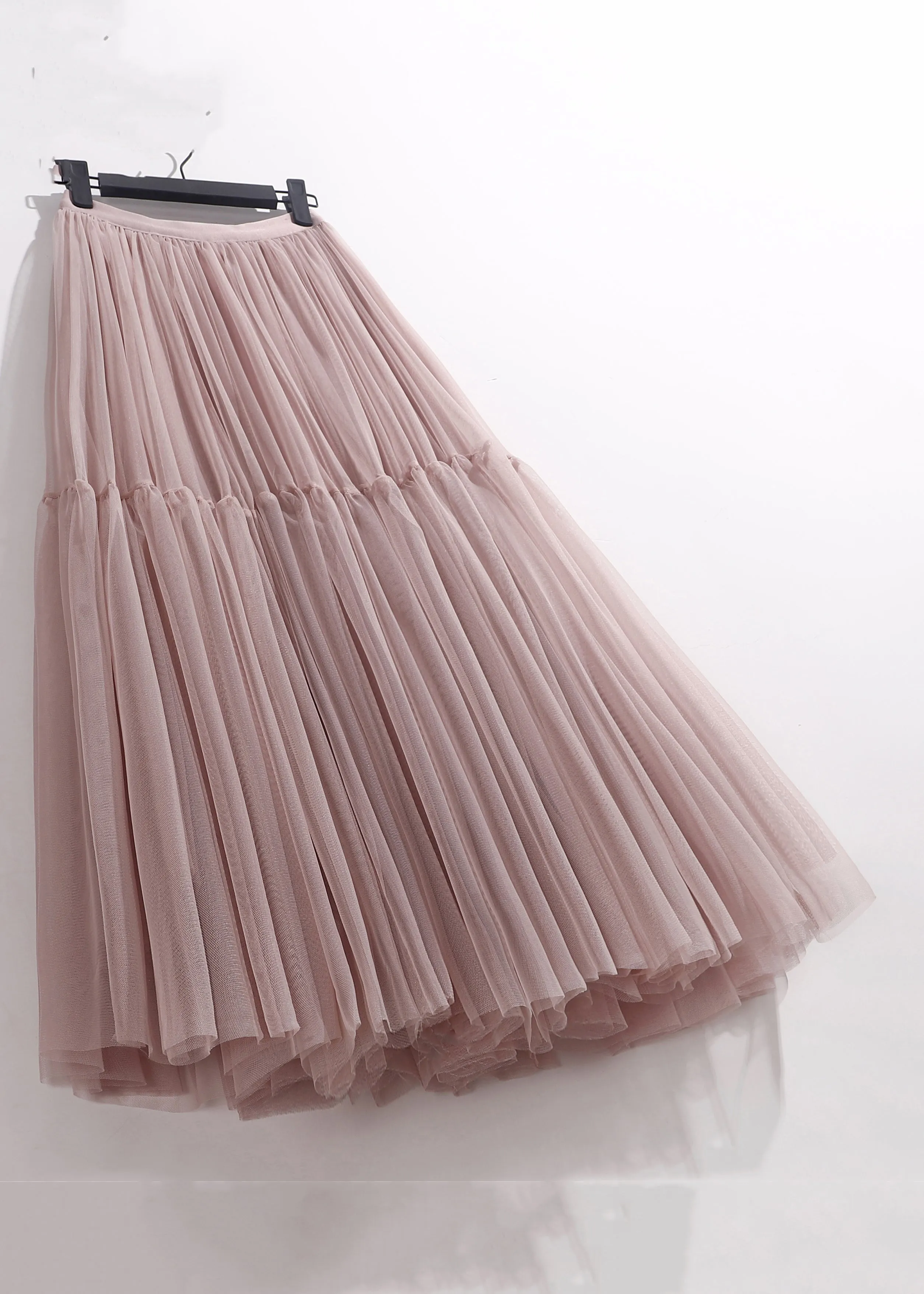 Pink Patchwork Loose Tulle Pleated Skirt High Waist Summer AS1089