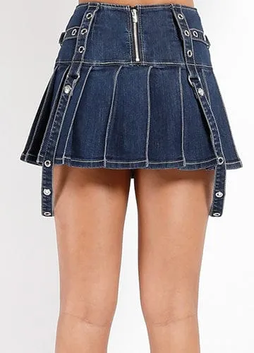 PLEATED GROMMET DENIM SKIRT