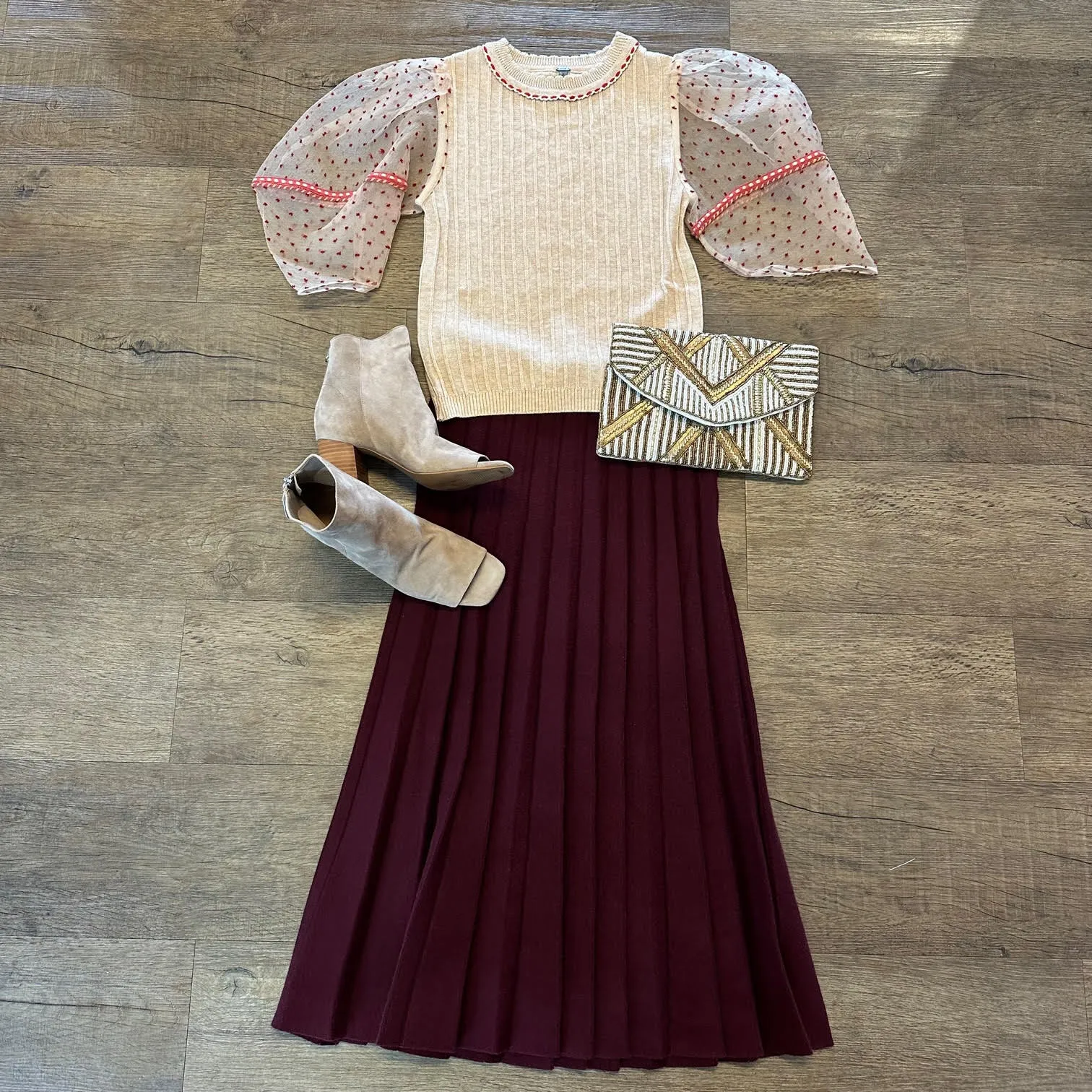 Pleated Sweater Skirt in dark red by Molly Bracken