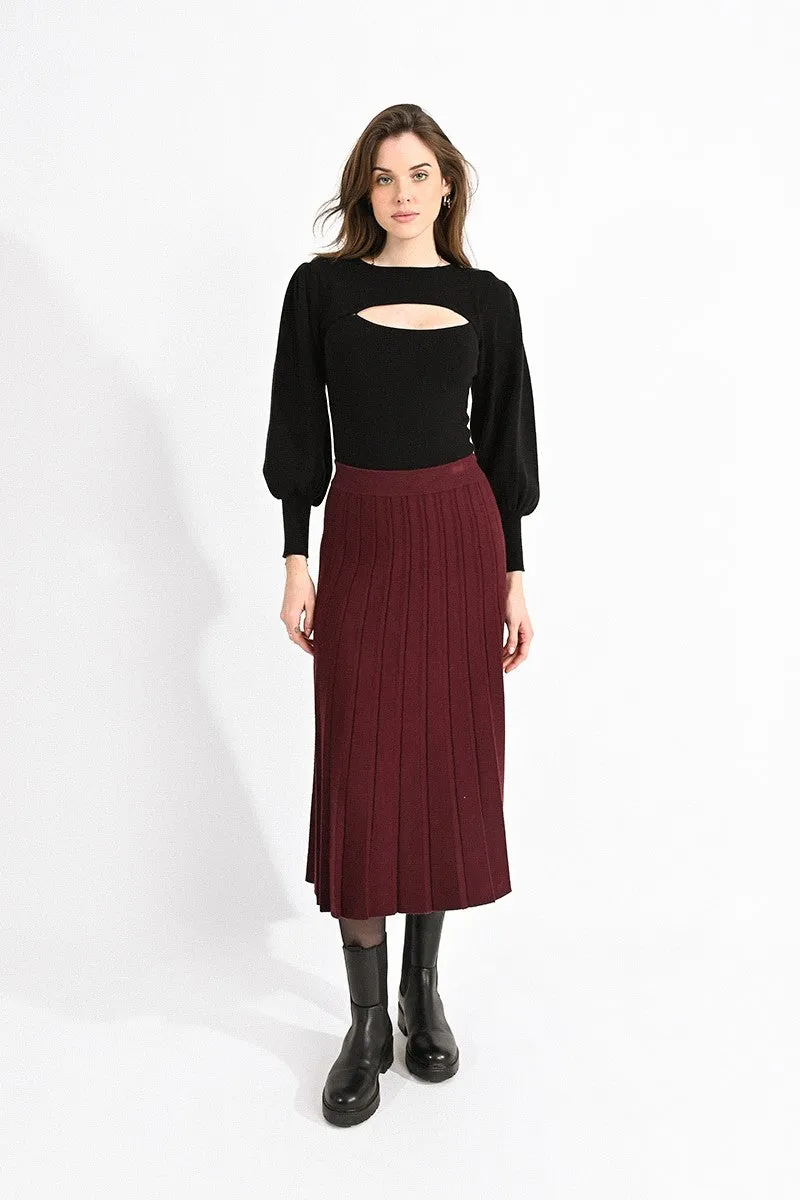 Pleated Sweater Skirt in dark red by Molly Bracken