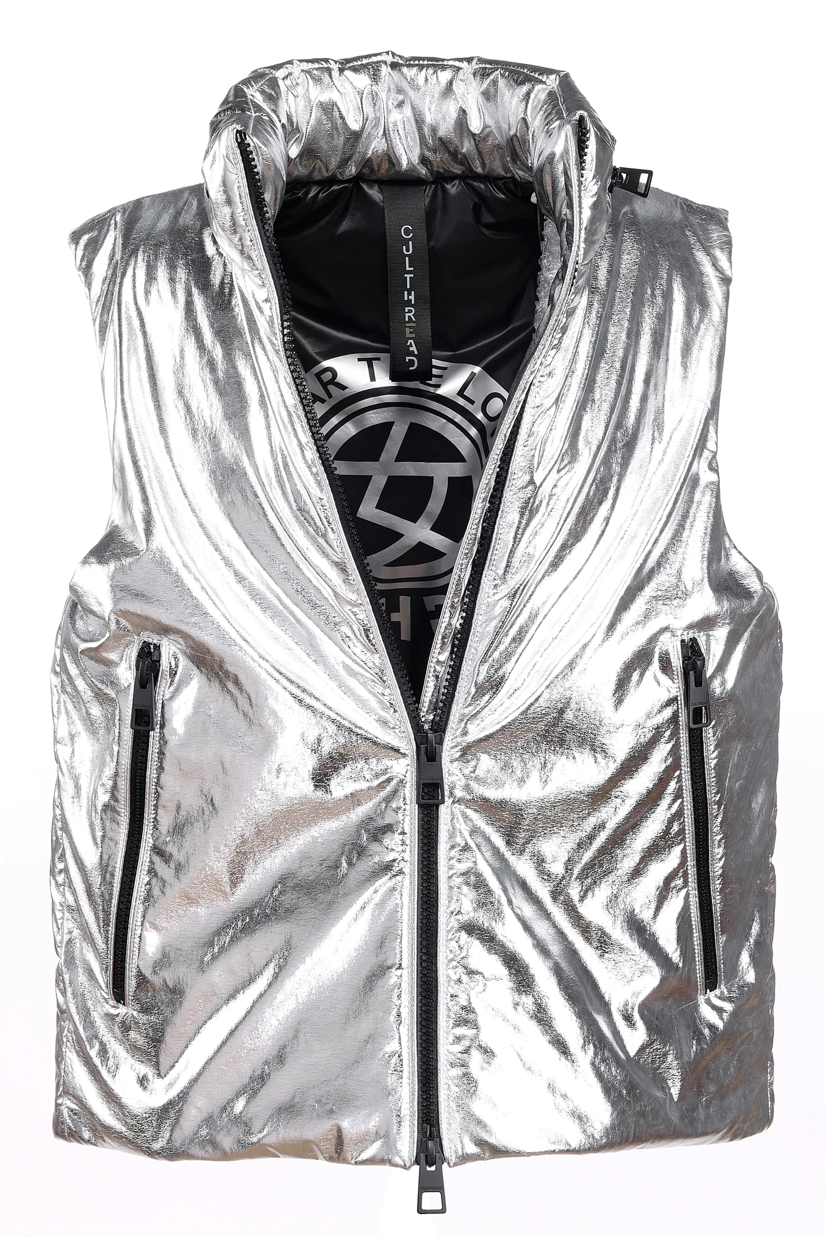 POWIS vegan leather silver sleeveless puffer jacket