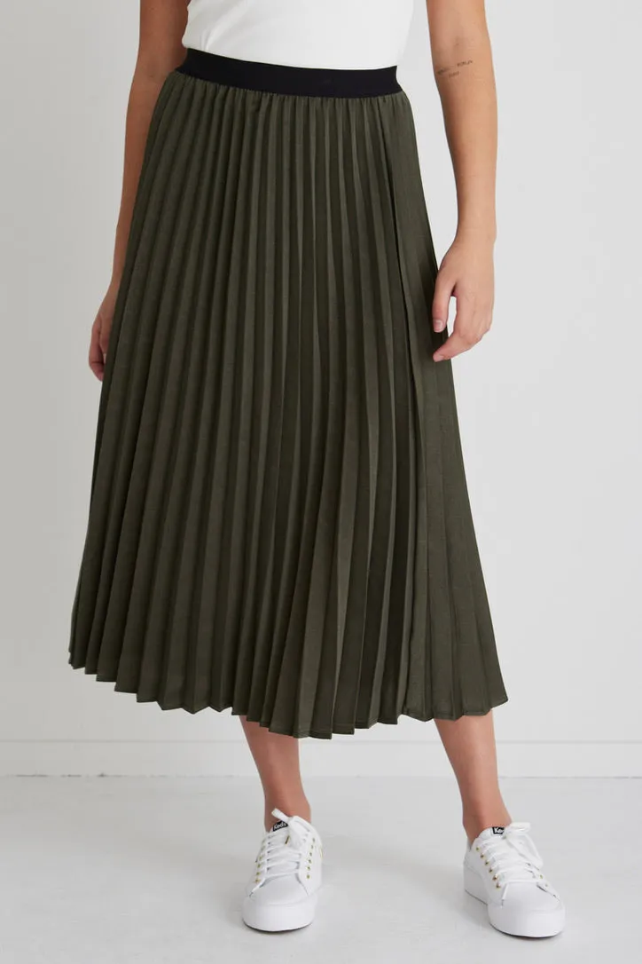 Radiant Moss Washer Satin Pleated Midi Skirt