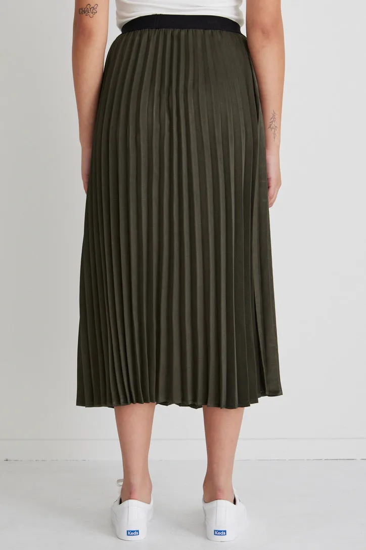 Radiant Moss Washer Satin Pleated Midi Skirt