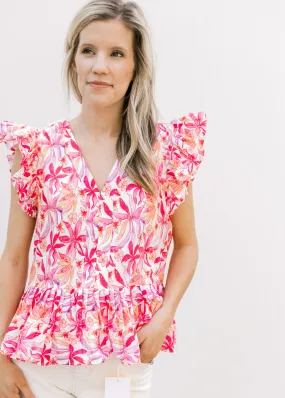 Red Floral Pleated Top