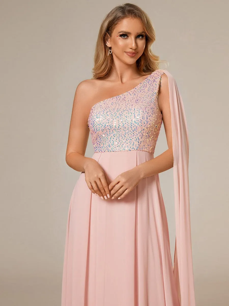 Sleeveless Chiffon A-Line Shinny Sequin Bodice One Shoulder Evening Dress