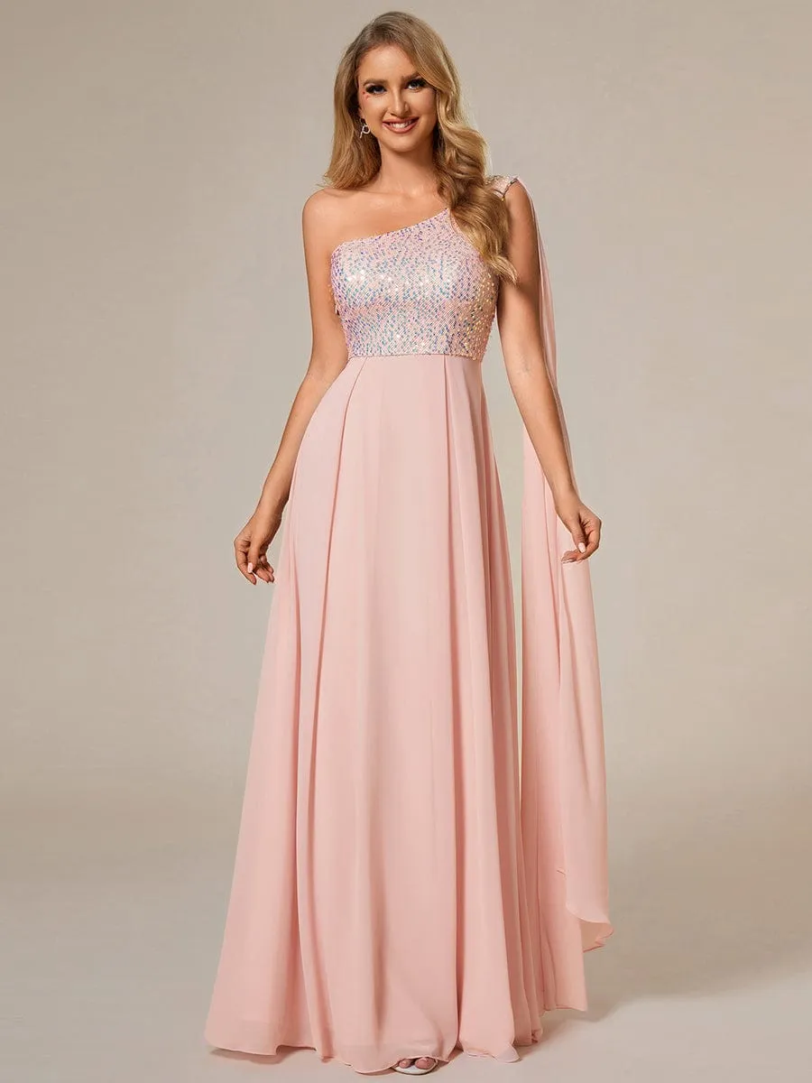 Sleeveless Chiffon A-Line Shinny Sequin Bodice One Shoulder Evening Dress