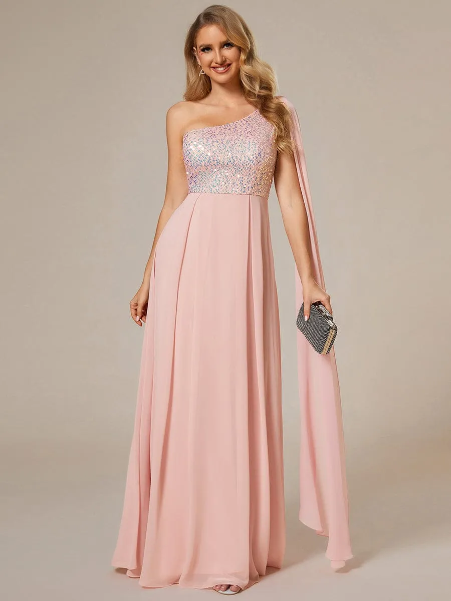 Sleeveless Chiffon A-Line Shinny Sequin Bodice One Shoulder Evening Dress