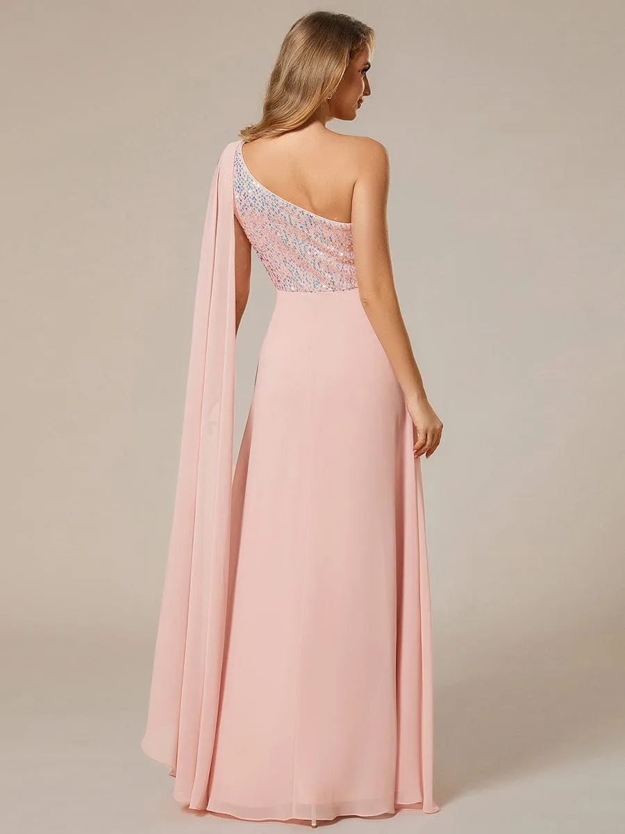 Sleeveless Chiffon A-Line Shinny Sequin Bodice One Shoulder Evening Dress